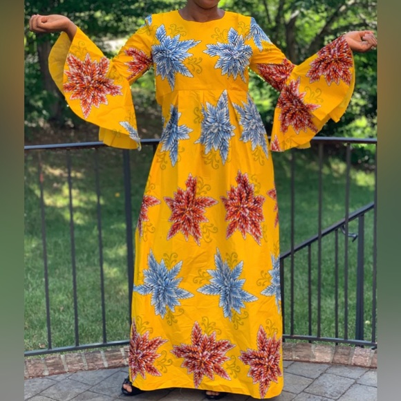 Yellow African Print Ankara Long Sleeve Handmade Maxi Kaftan Dress - Picture 2 of 4